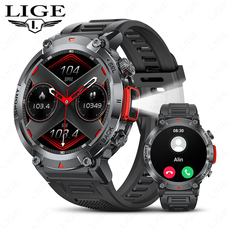 LIGE Flashlight Smartwatch – Outdoor Bluetooth Watch with Health Monitoring
