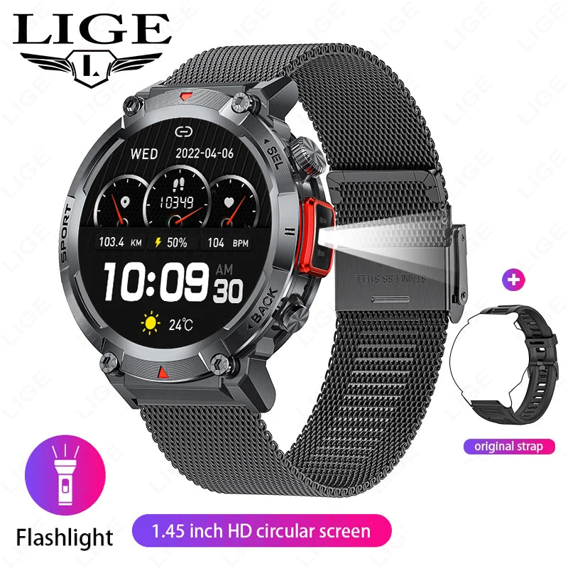LIGE Flashlight Smartwatch – Outdoor Bluetooth Watch with Health Monitoring