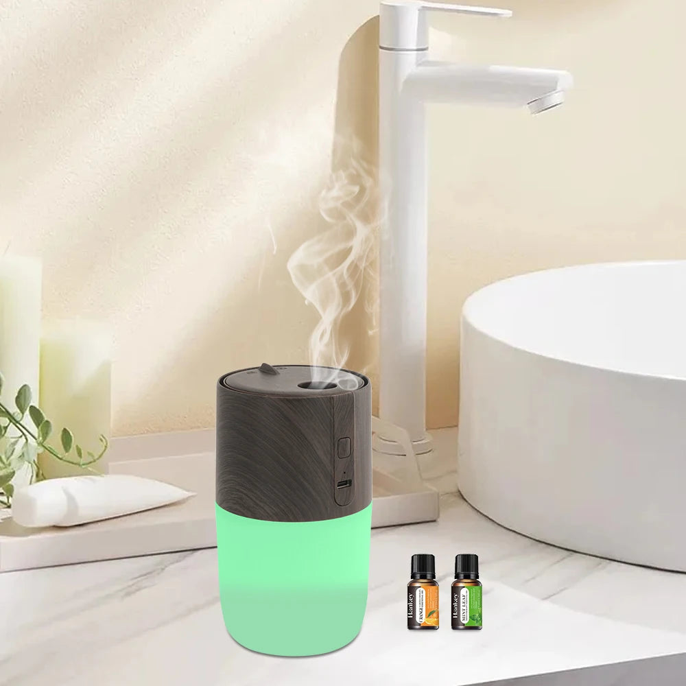 300ml Ultrasonic Aroma Diffuser – Wood Grain, LED Light, 2 Oils