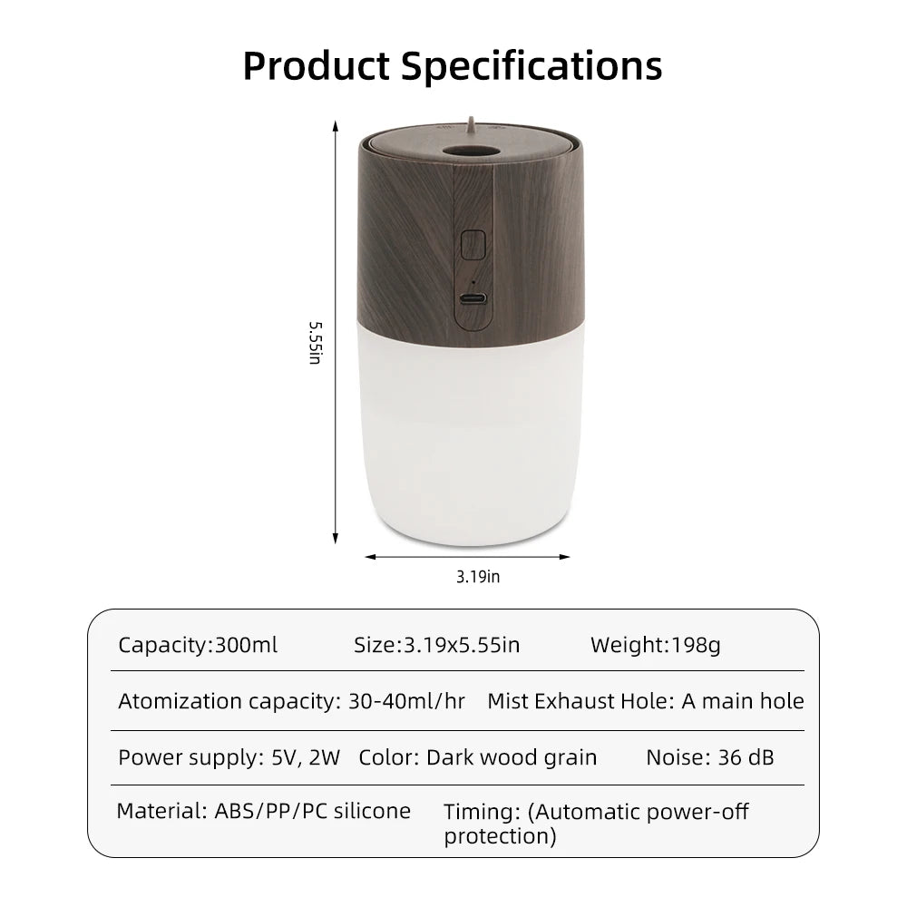 300ml Ultrasonic Aroma Diffuser – Wood Grain, LED Light, 2 Oils
