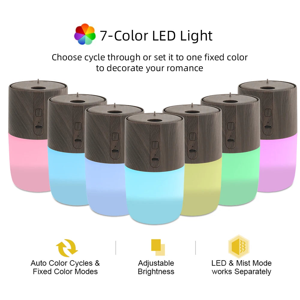 300ml Wood Grain Aromatherapy Humidifier – 7-Color Light + 2 Oils