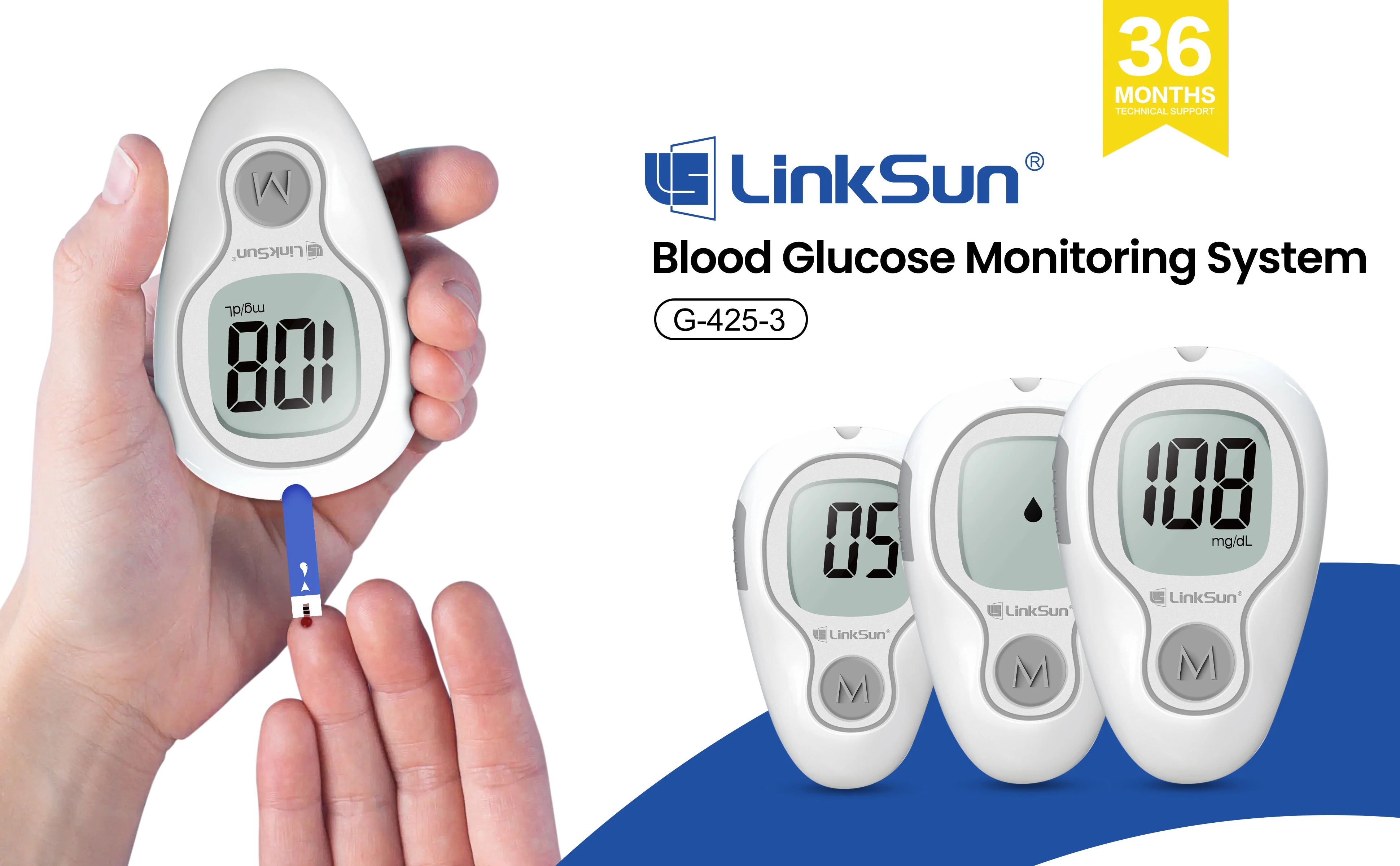 LinkSun G-425-3 Blood Glucose Meter Kit – No Code Test Strips