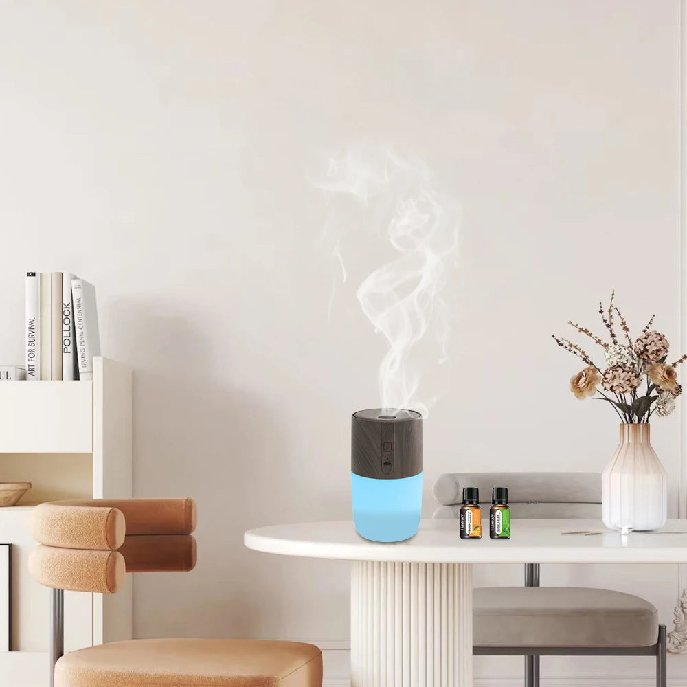 300ml Wood Grain Aromatherapy Humidifier – 7-Color Light + 2 Oils