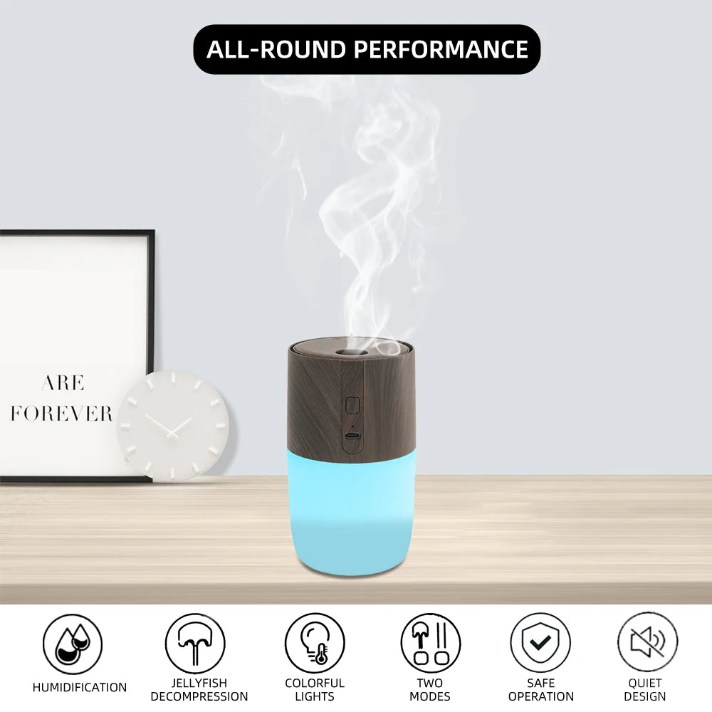 300ml Wood Grain Aromatherapy Humidifier – 7-Color Light + 2 Oils