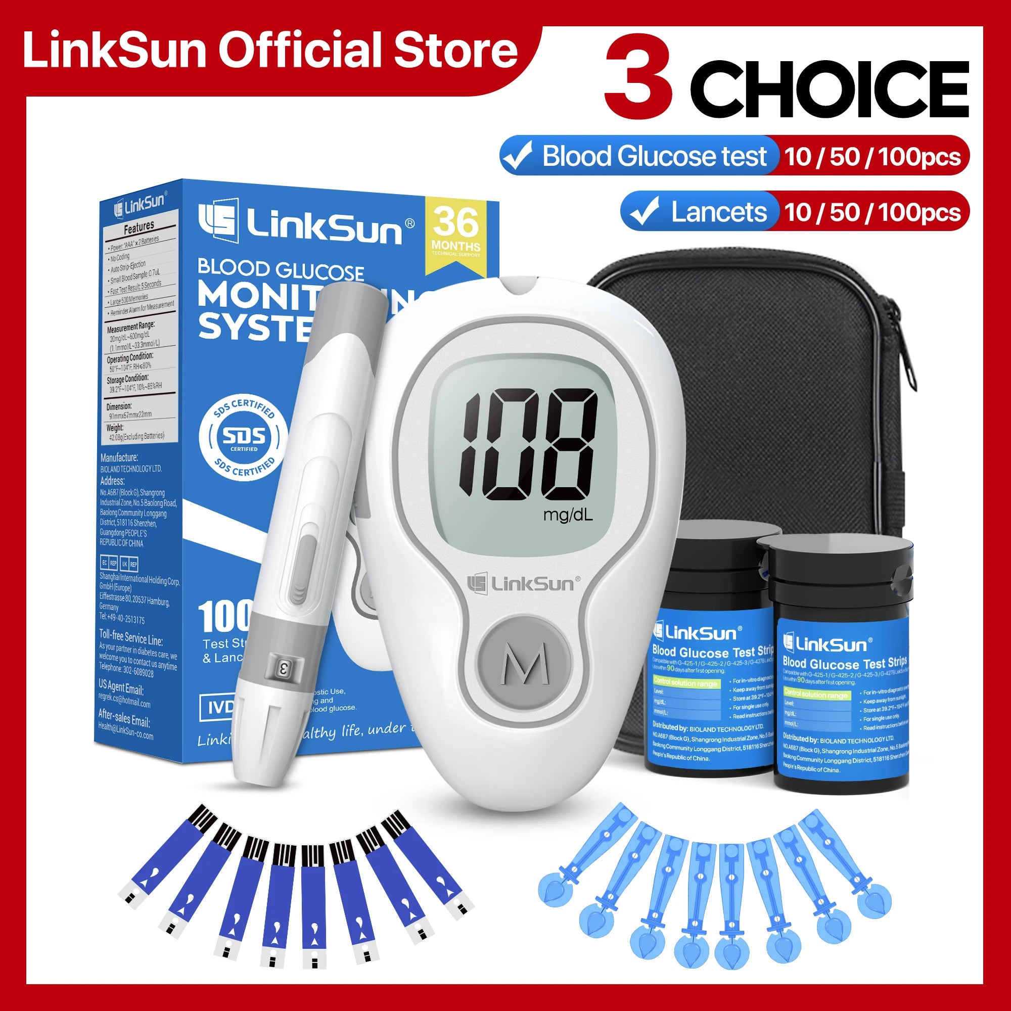 LinkSun G-425-3 Blood Glucose Meter Kit – No Code Test Strips