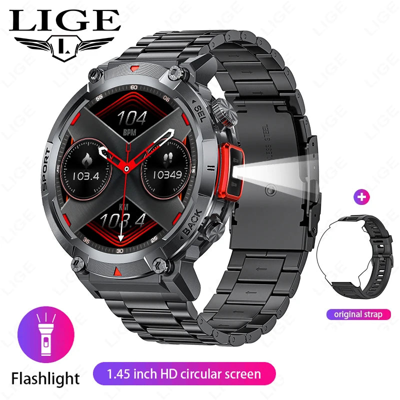 LIGE Flashlight Smartwatch – Outdoor Bluetooth Watch with Health Monitoring